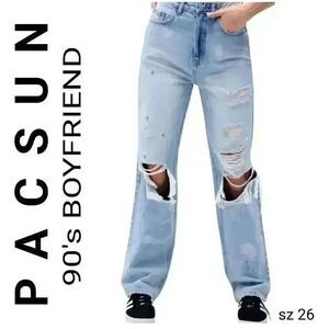Pacsun 90's Boyfriend Rip Torn Very Distressed Denim High Rise Blue Jeans